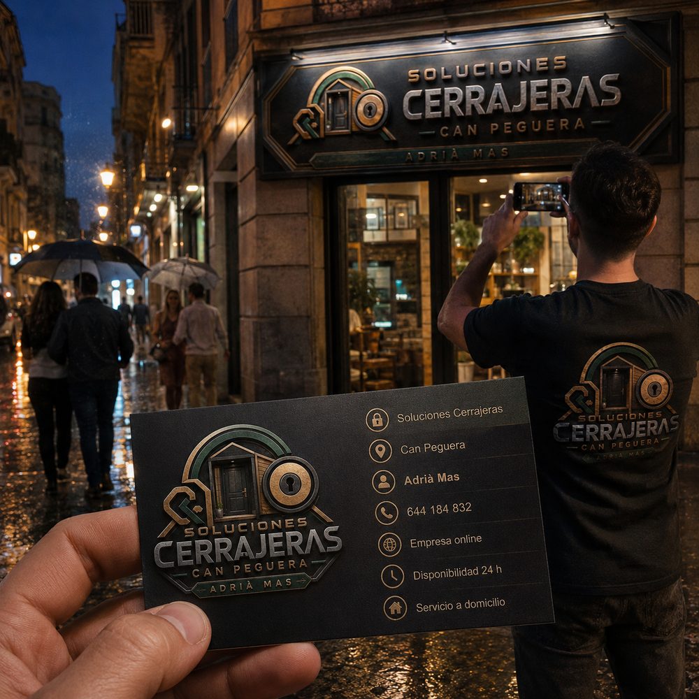 Tarjeta de visita y rótulo de Soluciones Cerrajeras Can Peguera Adrià Mas